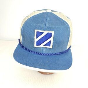Vintage Blue Leather Strap Trucker Rope Cap Hat Blue White Mesh Destroyed